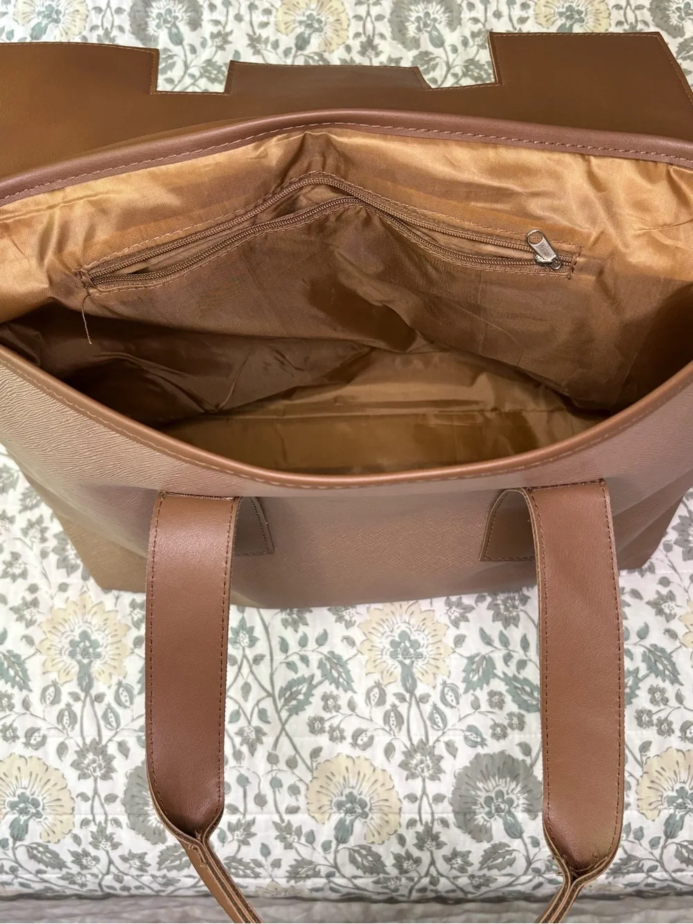 Textured Brown Tote with Top Handles and Gold Plaque
